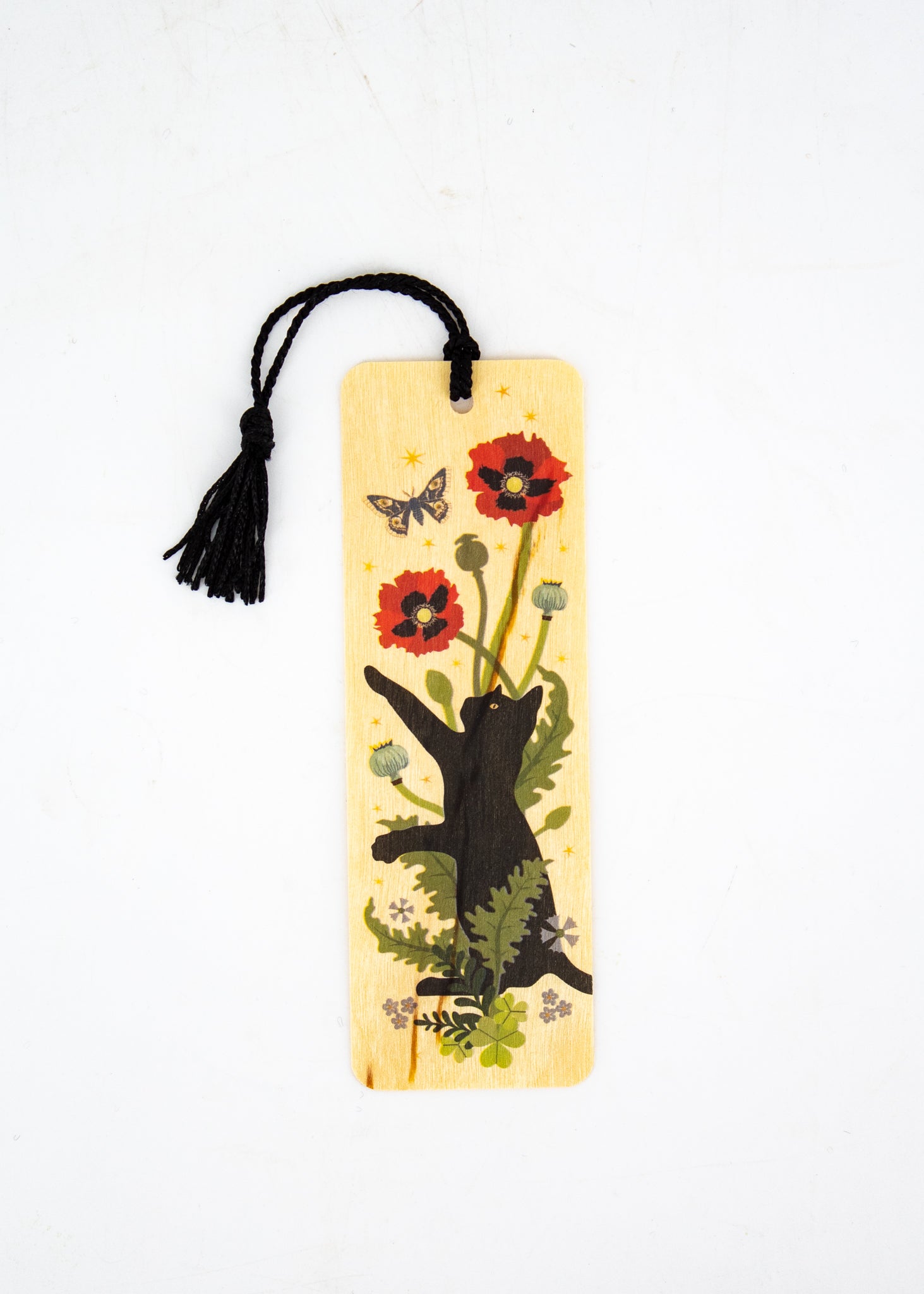 Black Cat and Poppies Wood Bookmark with Tassel -  - Little Gold Fox Designs - Wild Lark