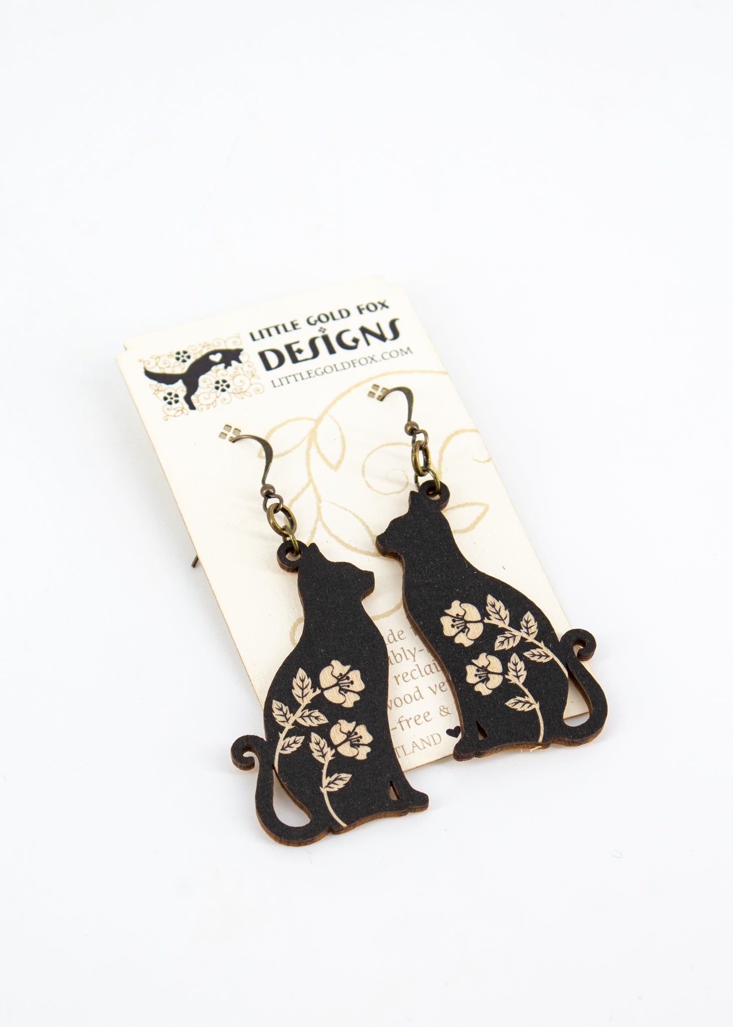 Black Cat Printed Wood Earrings -  - Little Gold Fox Designs - Wild Lark