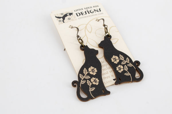 Black Cat Printed Wood Earrings -  - Little Gold Fox Designs - Wild Lark