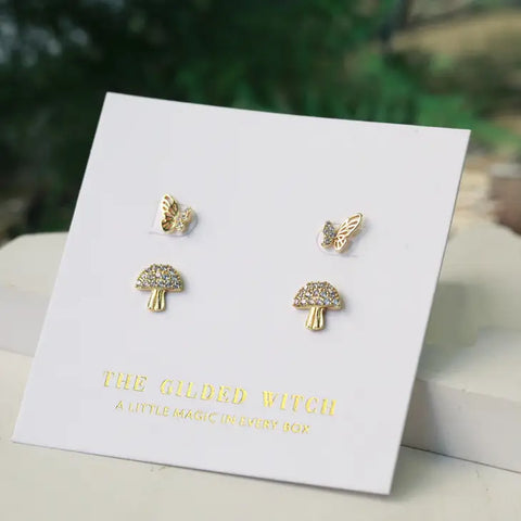 Dainty Mushroom Stud Earrings - Dainty Butterfly & Mushroom Stud Earring Bundle - The Gilded Witch - Wild Lark